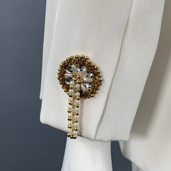 VICTORIA ROYAL Size 12 Cream Polyester Beaded Shawl Collar Jacket Blazer - Picture 5 of 11